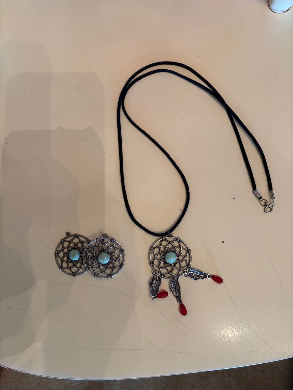 Dreamcatcher Pendant Necklace and Earrings Set - Turquoise & Red Accent